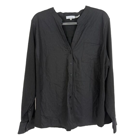CALVIN KLEIN Frany Cotton Button Up Shirt 2X Plus Black Mixed Media Top EUC B68 - Picture 1 of 4